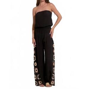 Elan Black Strapless Wide-Leg Jumpsuit with Beige Floral Side Panels